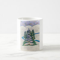 Schneeszene Fluss, Evergreens, Berge, Sterne