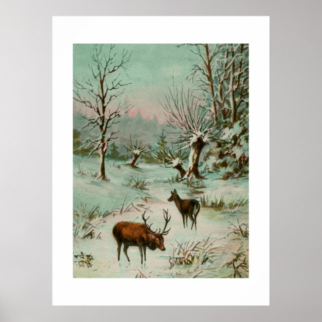 Schneeszene mit Hirsch Poster (Vorne)