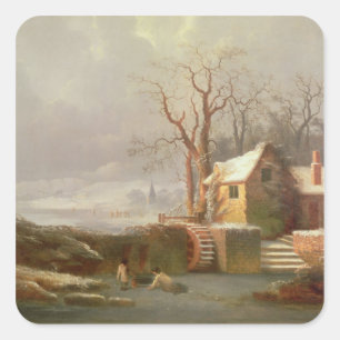 Schneeszene mit Mill und Hütten Quadratischer Aufkleber