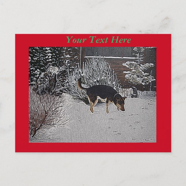 Schneeszene mit niedlichem schwarzem Hund zu Weihn Postkarte (Vorderseite)