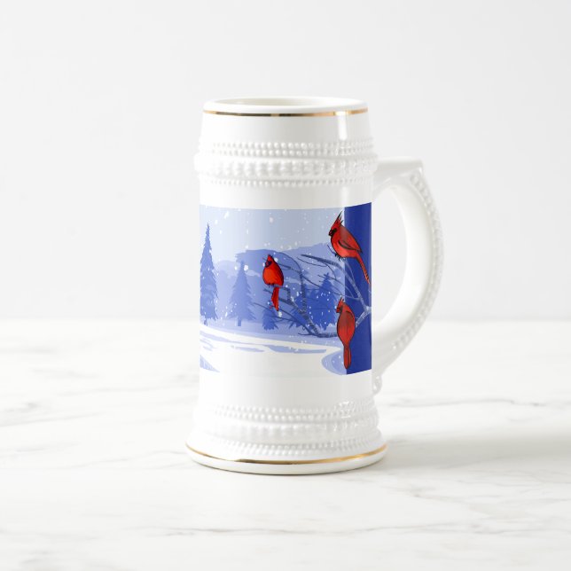 Schneeszene mit Roten Kardinälen Weihnachtsgeschen Bierglas (VorderseiteRechts)
