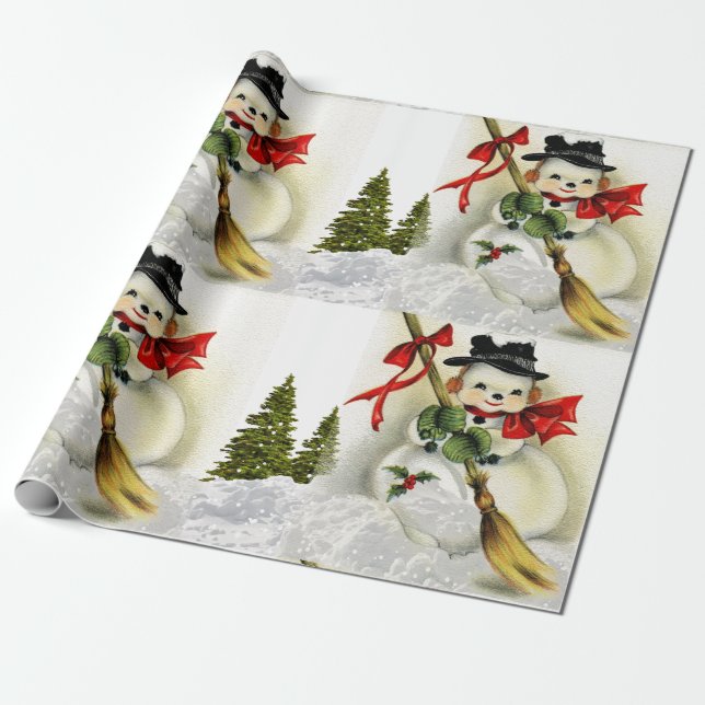 Schneeszene mit Vintagem Schneemann Geschenkpapier (Ungerollt)
