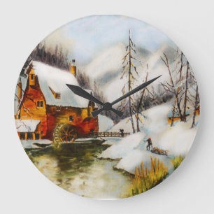 Schneeszene mit Wasserrad Große Wanduhr