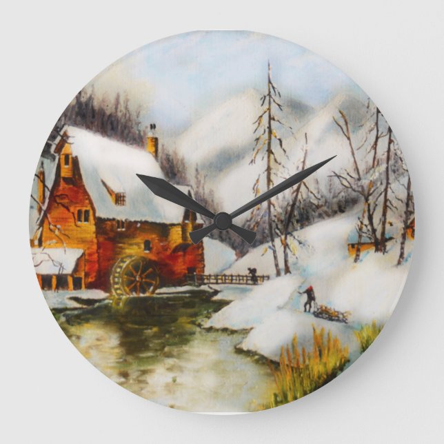 Schneeszene mit Wasserrad Große Wanduhr (Vorderseite)