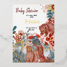 Schneetiere Füchse Blume für Babydusche Goldfolie Folieneinladung