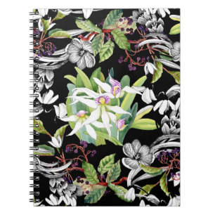 Schneeverfahren & Orchideen: Schwarzes Muster Notizblock