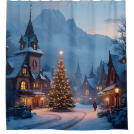 Schneevoller Abend auf dem Platz – Weihnachtsdorfs Duschvorhang