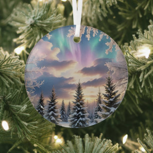 Schneewald, Eiskristalle, Nordlichter Ornament Aus Glas