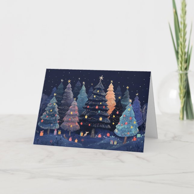 Schneewald mit farbenfrohen Weihnachtsbeleuchtung Karte (Vorderseite)
