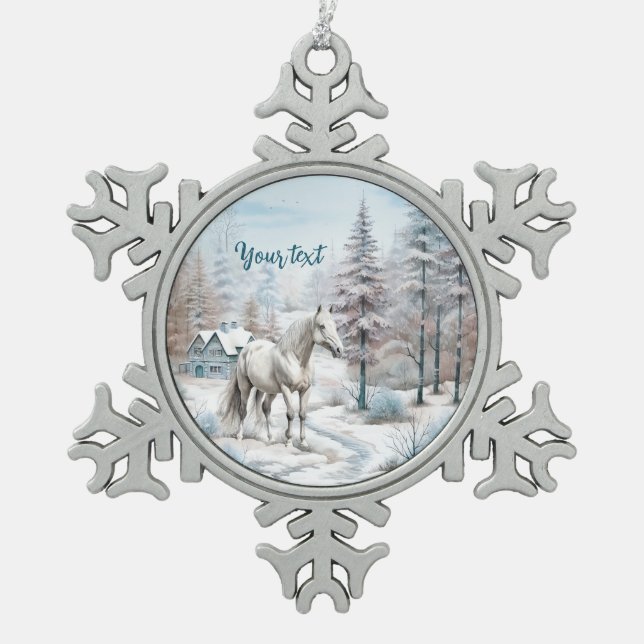 Schneewald Pferd Winterszene Weihnachten Schneeflocken Zinn-Ornament (Vorderseite)