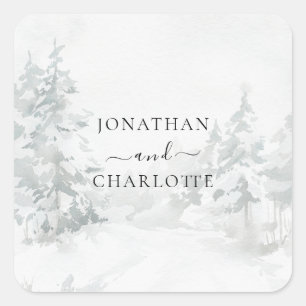 Schneewald Wasserfarben-Winterlandschaft Hochzeit Quadratischer Aufkleber