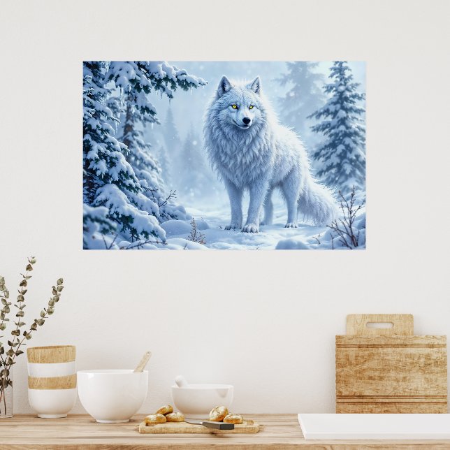 Schneewald Weißwolf Eiskunstdekor Poster (Küche)