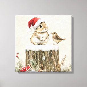 Schneewald-Winter-Wald-Weihnachts-Hase-Vogel  Leinwanddruck