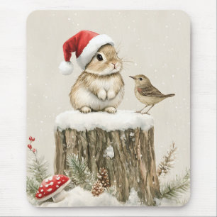 Schneewald Winterwald Weihnachts Hase Vogel  Mousepad