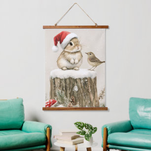 Schneewald Winterwald Weihnachts-Hase Vogel Wandteppich Mit Holzrahmen