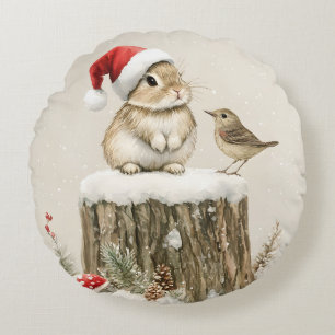 Schneewald Winterwald Weihnachtsbaum Bunny Bird Rundes Kissen