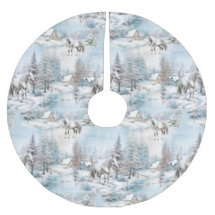 Schneewaldlandschaft im Winter Polyester Weihnachtsbaumdecke