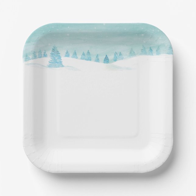 Schneewaldlandschaft mit Bäumen Pappteller (Vorderseite)