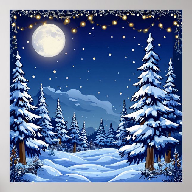 Schneewaldlandschaft unter einer Mondnacht Poster (Vorne)