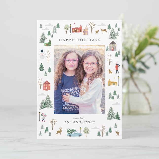 Schneeweihnachtdorf Flat Holiday Card Feiertagskarte (Stehend Vorderseite)