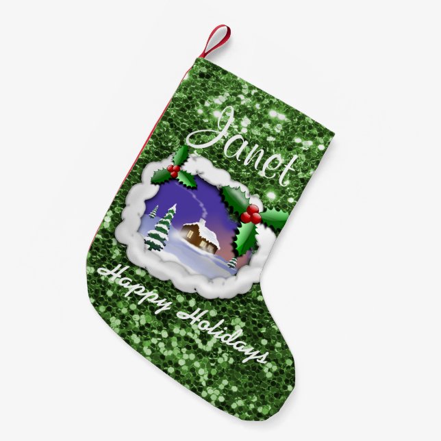 Schneeweihnachtliche Hütte Grüne Imitate Glitzer Kleiner Weihnachtsstrumpf (Vorderansicht (hängend))