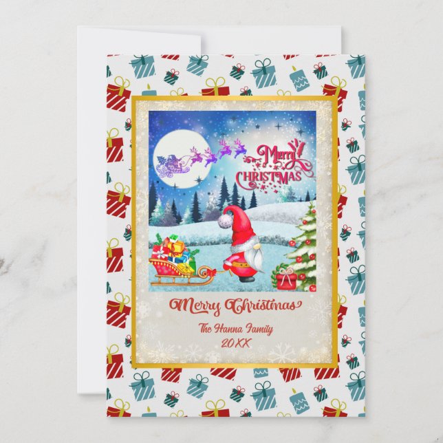 Schneeweihnachtsgnome und die Schlittengeschenke d Feiertagskarte (Vorderseite)