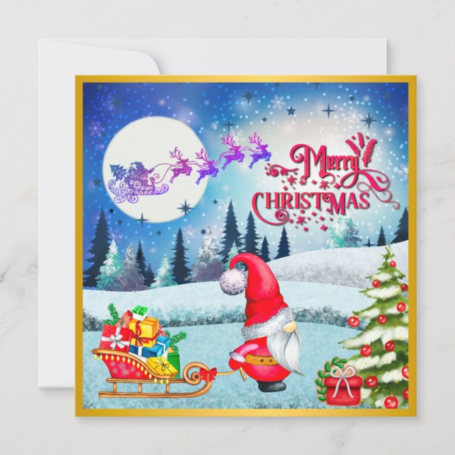 Schneeweihnachtsgnome und die Schlittengeschenke d Karte (Vorderseite)