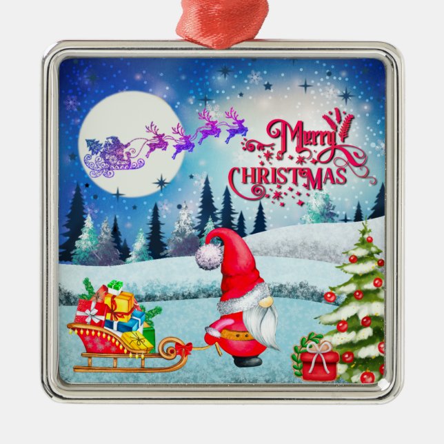 Schneeweihnachtsgnome und die Schlittengeschenke d Ornament Aus Metall (Vorne)