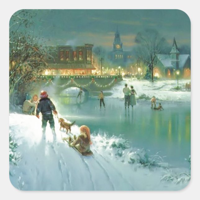 Schneeweihnachtszene Quadratischer Aufkleber (Vorderseite)