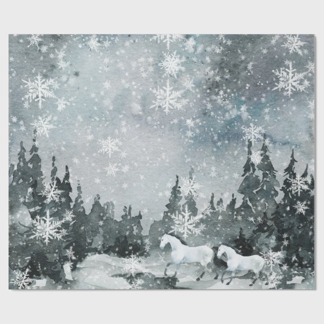 Schneeweiße Pferde in einem Winterwaldnachtshimmel Geschenkpapier (Flach)