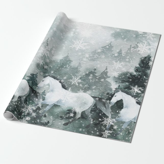Schneeweiße Pferde Winterwald Bergwald Geschenkpapier (Ungerollt)