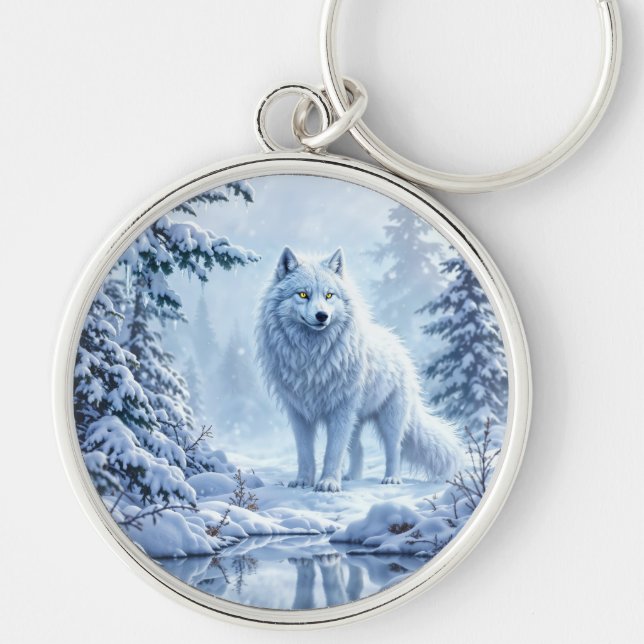 Schneewildwolf-gelbe Neonaugen Dekoration Schlüsselanhänger (Vorne)