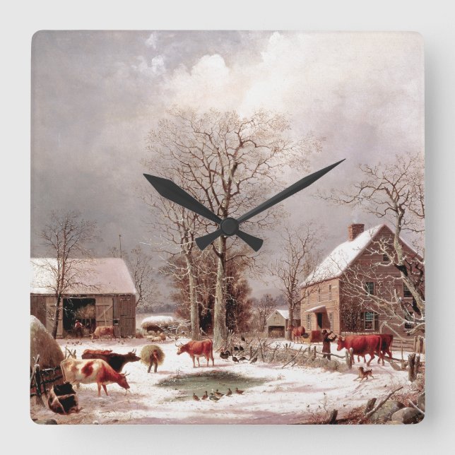 Schneewinterkühe Kühe Enten Truthühner-Uhr Quadratische Wanduhr (Vorderseite)