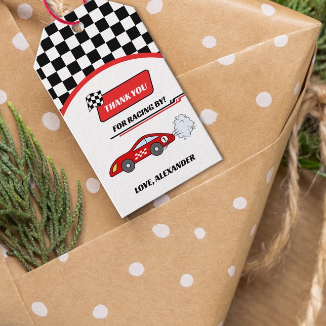 Schnell ein roter Retro-Rennwagen zum Thema Geburt Geschenkanhänger (Von Creator hochgeladen)