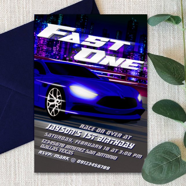 Schnelle Einladung zum 1. Geburtstag (Fast One - 1st Birthday Racing Boy Invitation)