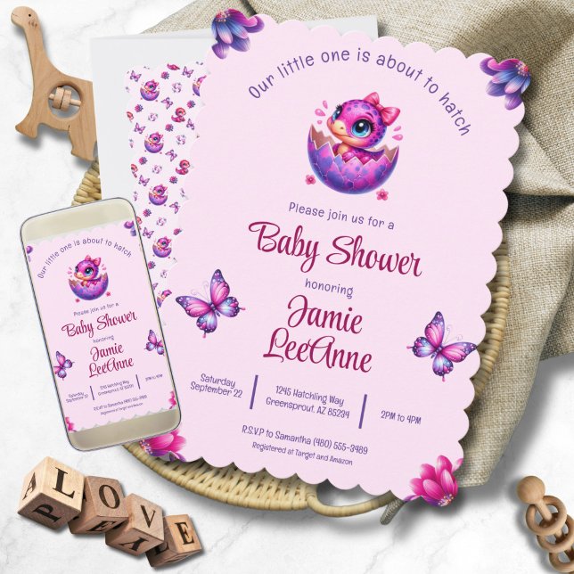 Schnelle Schläge Baby Pink Dinosaur Baby Dusche Einladung ("Hatching Soon" Chic Pink Dinosaur Baby Shower Invitation - Print and Digital)