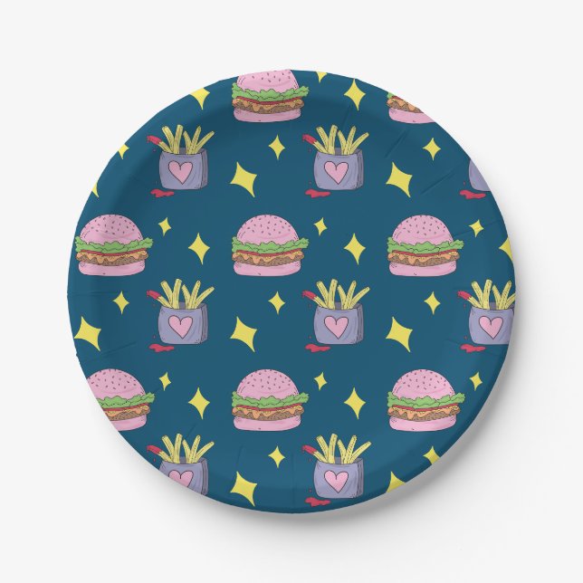 Schnelles Fastfood-Muster für Whimsical Burger und Pappteller (Vorderseite)