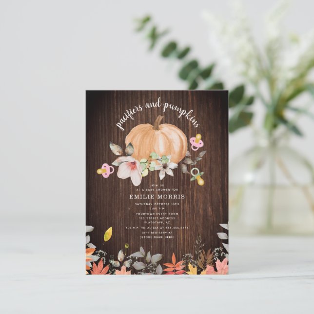 Schnuller + Pumpkins Fall Wood Girl Babydusche Einladung (Stehend Vorderseite)