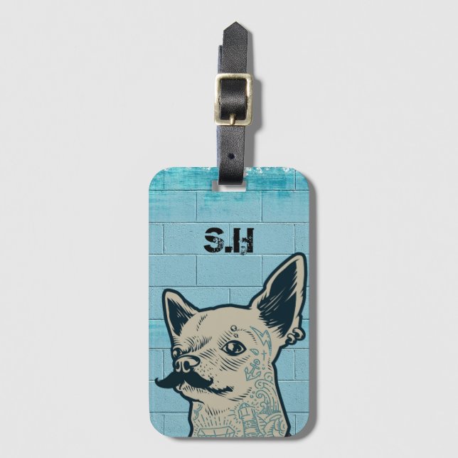 Schnurrbart-Chihuahua-Graffiti-Monogramm Gepäckanhänger (Vorderseite Vertikal)