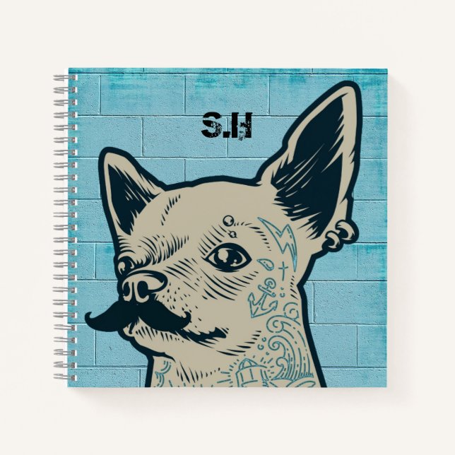 Schnurrbart-Chihuahua-Graffiti-Monogramm Notizbuch (Vorderseite)