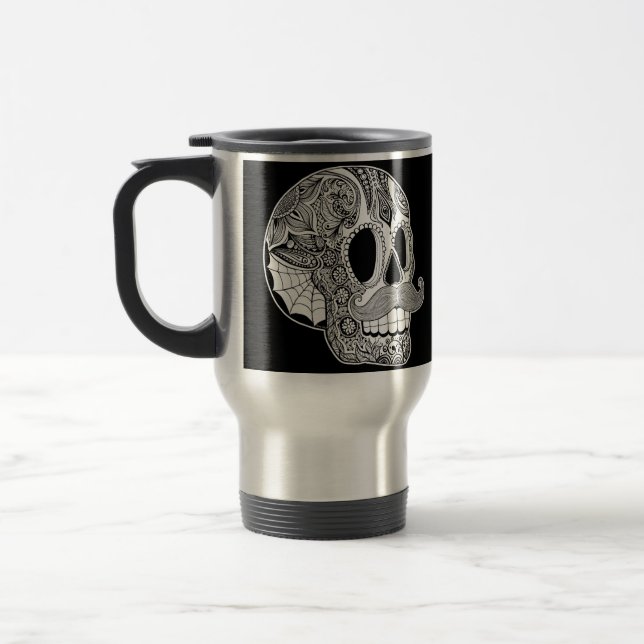 Schnurrbart-Zuckerschädel-Tasse Reisebecher (Links)