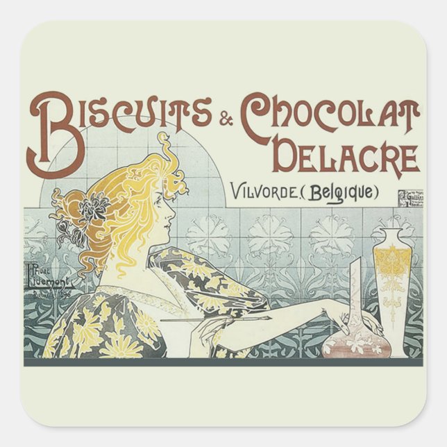 Schokolade Art Nouveau Frau Quadratischer Aufkleber (Vorderseite)