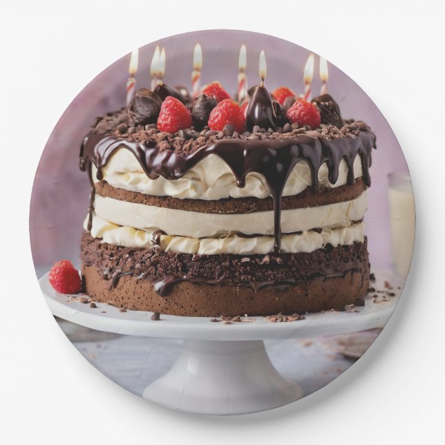 Schokolade Birthday Cake mit Erdbeeren, Pappteller (Vorderseite)