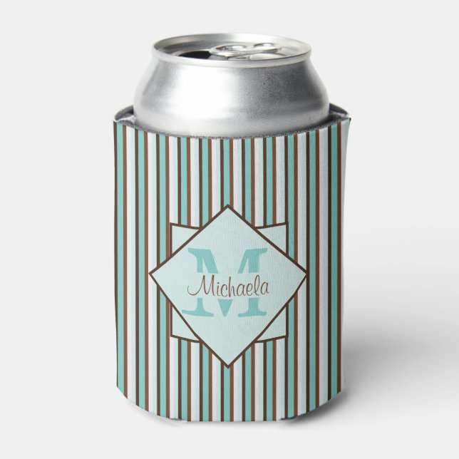 Schokolade Braun und Minze Grünstreifen Monogramm Dosenkühler (Kanne Vorderseite)