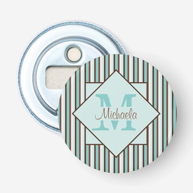 Schokolade Braun und Minze Grünstreifen Monogramm Flaschenöffner (Vorderseite)