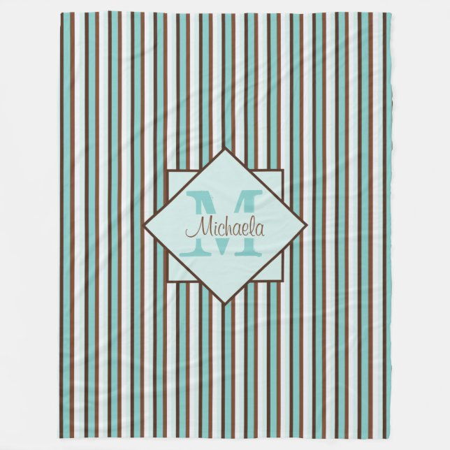 Schokolade Braun und Minze Grünstreifen Monogramm Fleecedecke (Vorderseite)