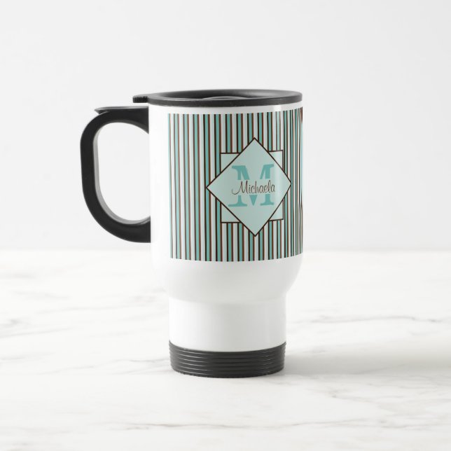 Schokolade Braun und Minze Grünstreifen Monogramm Reisebecher (Links)