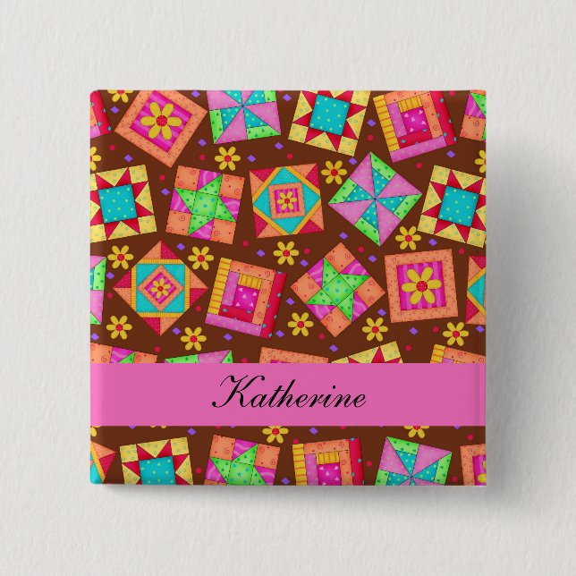 Schokolade Braunes Patchwork Quilt Blocks Name Abz Button (Vorderseite)