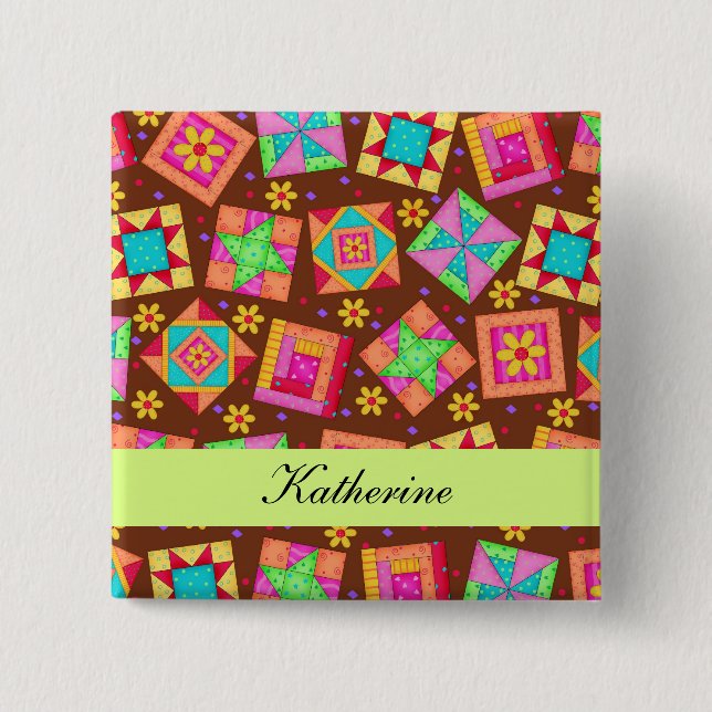 Schokolade Braunes Patchwork Quilt Name Abzeichen Button (Vorderseite)