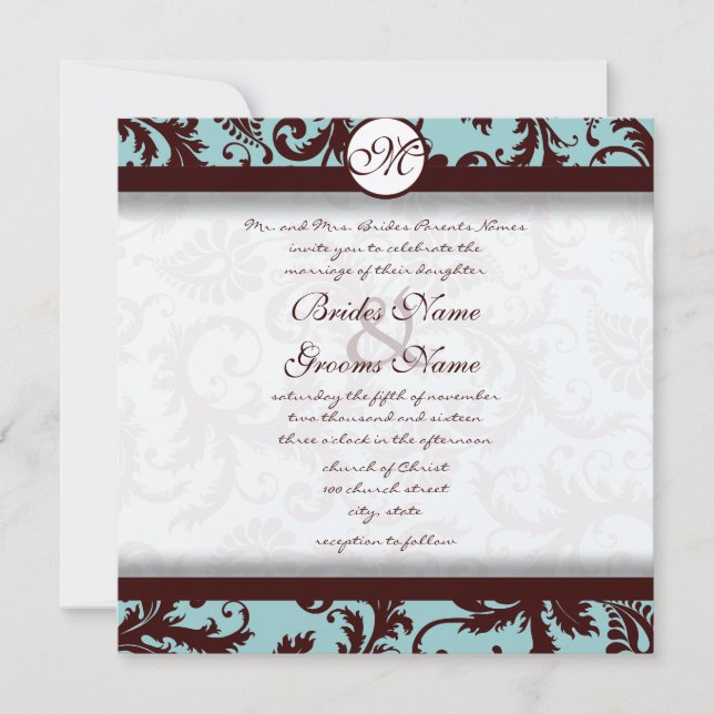 Schokolade Brown Aqua Damask Einladung zur Hochzei (Vorderseite)